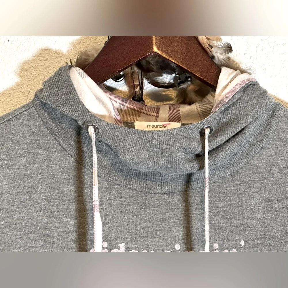 Maurices Fleece Hoodie with Plaid Hood Graphic Long Sleeve Sweatshirt Size M - Picture 5 of 16